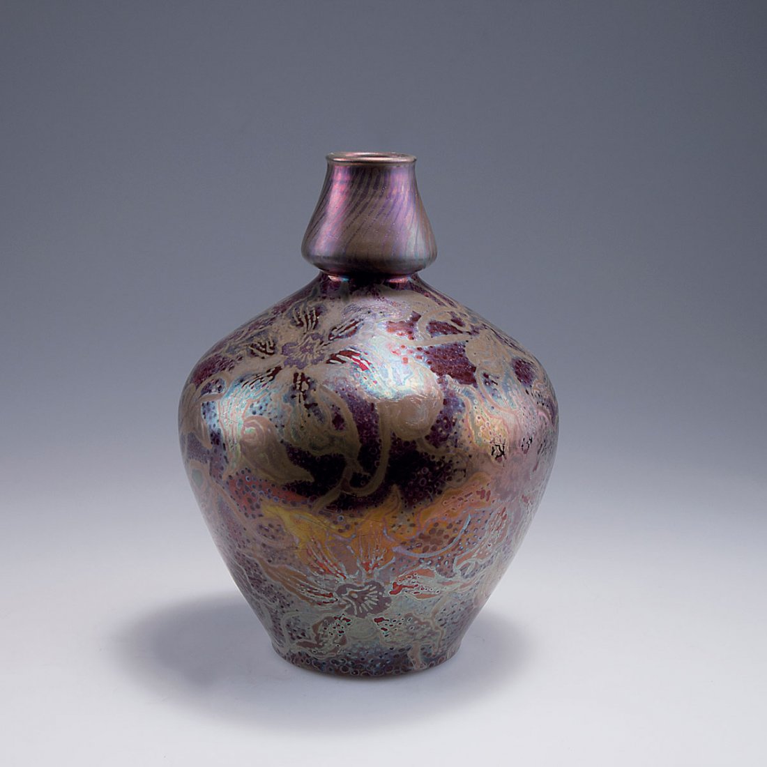 Vase, c1890: Clement Massier, Golfe-Juan. Vase, c1890. H. 24 cm. Earthenware, lustre glaze, dark red and golden, flowers. Marked: CLEMENT MASSIER GOLFE JUAN AM.
