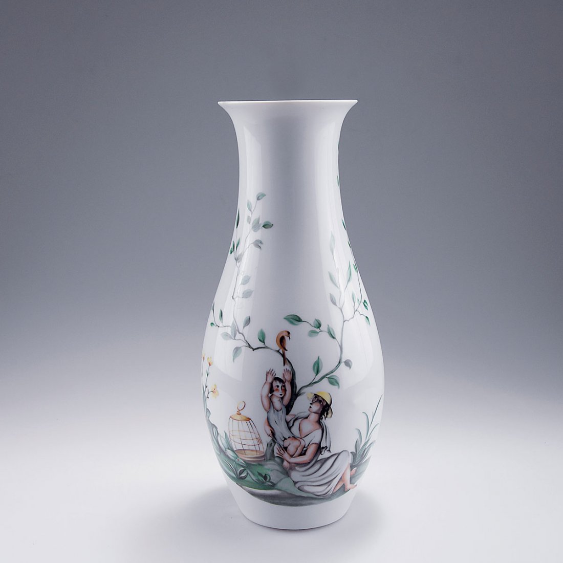Vase, c1930: Augarten. Vase, c1930. H. 35.9 cm. Designed by Ena Rottenberg, painted by Ilse Keppert. Porcelain, white, glazed. Polychromatic overglaze, young women and child and escaped bird. Marked: Maker's mark,