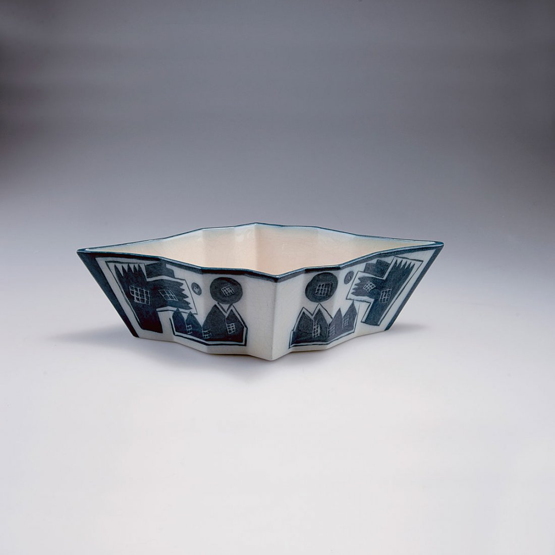 Bowl, c1924: Julius Heinrich Bissier. Bowl, c1924. H. 9.1 cm; 34.3 x 16.2 cm. Made by Keradenta AG, Freiburg i. Br. Earthenware, glazed blue on white. Marked: KERADENTA A. G. FREIBURG i. B. ENTWURF J. H. BISSIER.