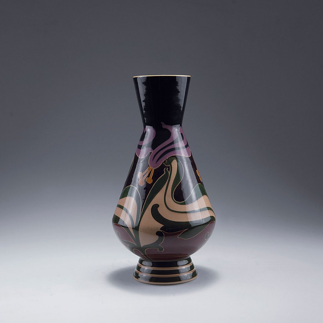 Vase, c1900: Johann von Schwarz, Nuremberg. Vase, c1900. H. 30.2 cm. Designed by Carl Sigmund Luber. Earthenware, polychromatic glaze, flowers. Marked: Remains of a paper label, 2484.