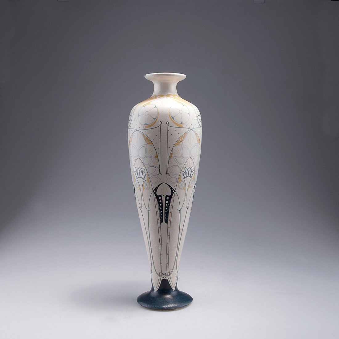 Tall vase, 1903-06: Plateelfabriek Purmerend, Jb. Vet & Co. Tall vase, 1903-06. H. 44.4 cm. Earthenware, polychromatic glaze by Klaas Vet. Stylised flowers. Marked: Maker's mark, product number and painter's monogramme.