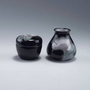 Vase and covered jar, c1900: Roerstrands Porslinsfabriker AB, Lidkoeping. Vase and covered box, c1900. H. 6-8.2 cm. Designed by Algot Eriksson. Porcelain, white, glazed, poppy respectively cyclamen pattern, pink and green on blac