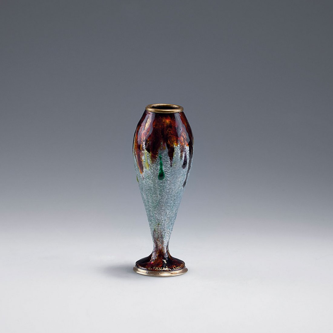 Small vase, c1925: Camille Faure, Limoges. Small vase, c1925. H. 12 cm. Copper, applied silver foil, polychromatic enamel. Marked: C. FAURE Limoges.