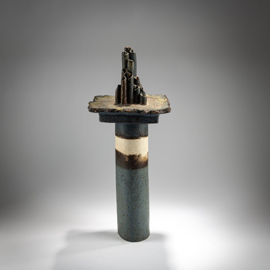 Robert Sturm, Cylindrical object, 1970: <p>H. 53 cm. <br />Stoneware, dark brown and light blue iron oxide glaze over white. <br />Marked: artist's signature 70 (incised). </p>