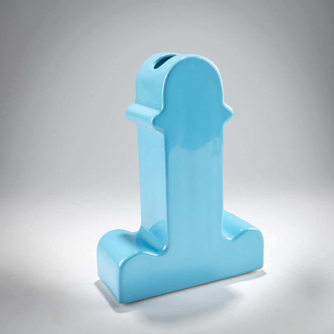 Ettore Sottsass , Vase 'Shiva', 1971 (design): <p>H. 25 x 18 x 7 cm. <br />BD Ediciones, Barcelona; Capsule. <br />Earthenware, glazed light blue.<br />Marked: Manufacturer's
