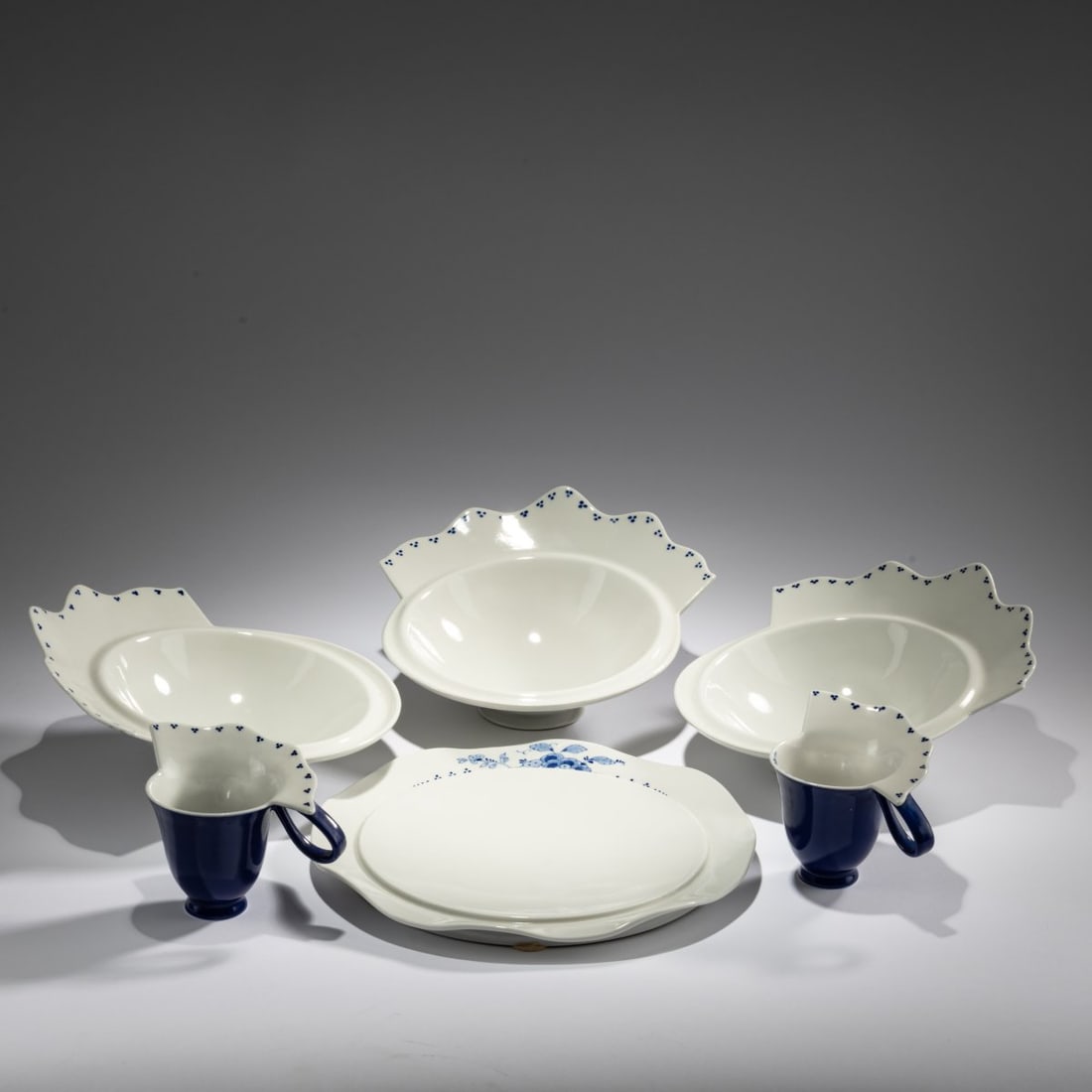 Bo?ek Šípek, Six pieces from the 1989 'Albertine' service, 1989: <p>Two coffee cups: H. 10 cm, three soup plates: H. 12 cm, &Oslash; 26 cm, one serving platter: H. 2.5 cm, &Oslash; 28.5 cm. <br />Driade, Caorso; Koninklijke Porceleyne Fles, Delf