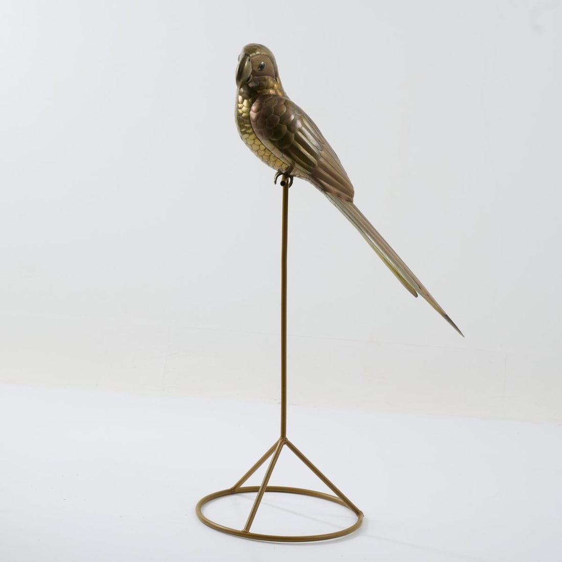 Sergio Bustamante, Three Parrots and one Toucan, 1970s: <p>H. 105, 107.5, 109, 109.5 cm (including stele). <br />Mexico. <br />Brass and copper sheet, glass eyes, metal tube, ochre-colored lacquer.</p>