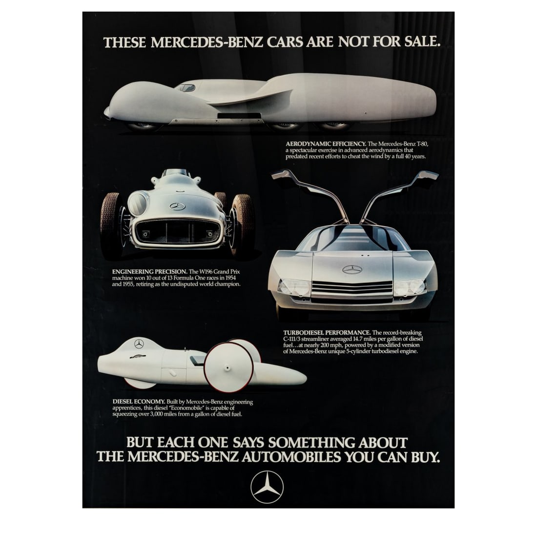Mercedes-Benz Design, Rare advertising poster for prototype automobiles, 1980s: <p>Color offset lithograph on paper. 100.0 x 74.5 cm (image), 102.0 x 77.0 cm (frame). </p>