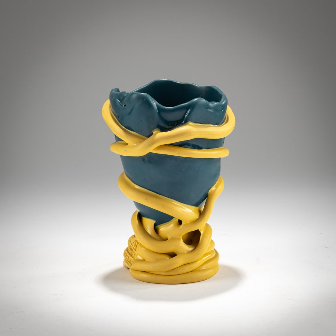 Gaetano Pesce, Vase 'Pompitu II' from the 'Fish Design' series, 1995 (design): <p>H. 13.6 cm. <br />Corsi Design, Barasso, 2012. <br />Resin, yellow and blue. <br />Marked: Manufacturer and designer's details (embossed).</p>