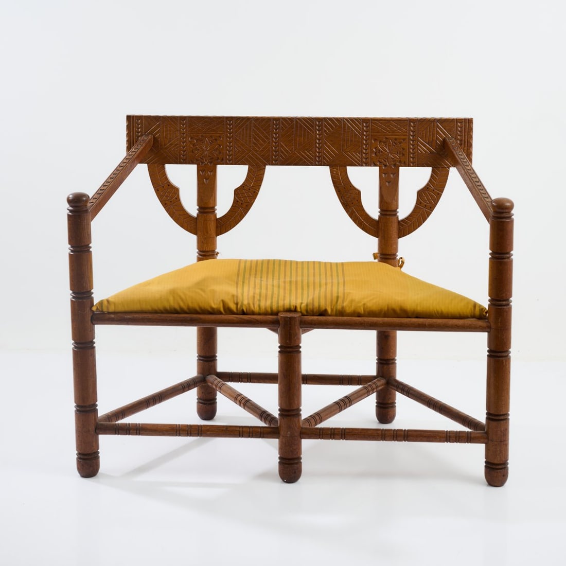 Sweden, Bench 'Munk', 1930/40s: <p>H. 82-85.5 x 58 x 52.5 cm. <br />Oak, turned and carved, textile/wool covering.</p>