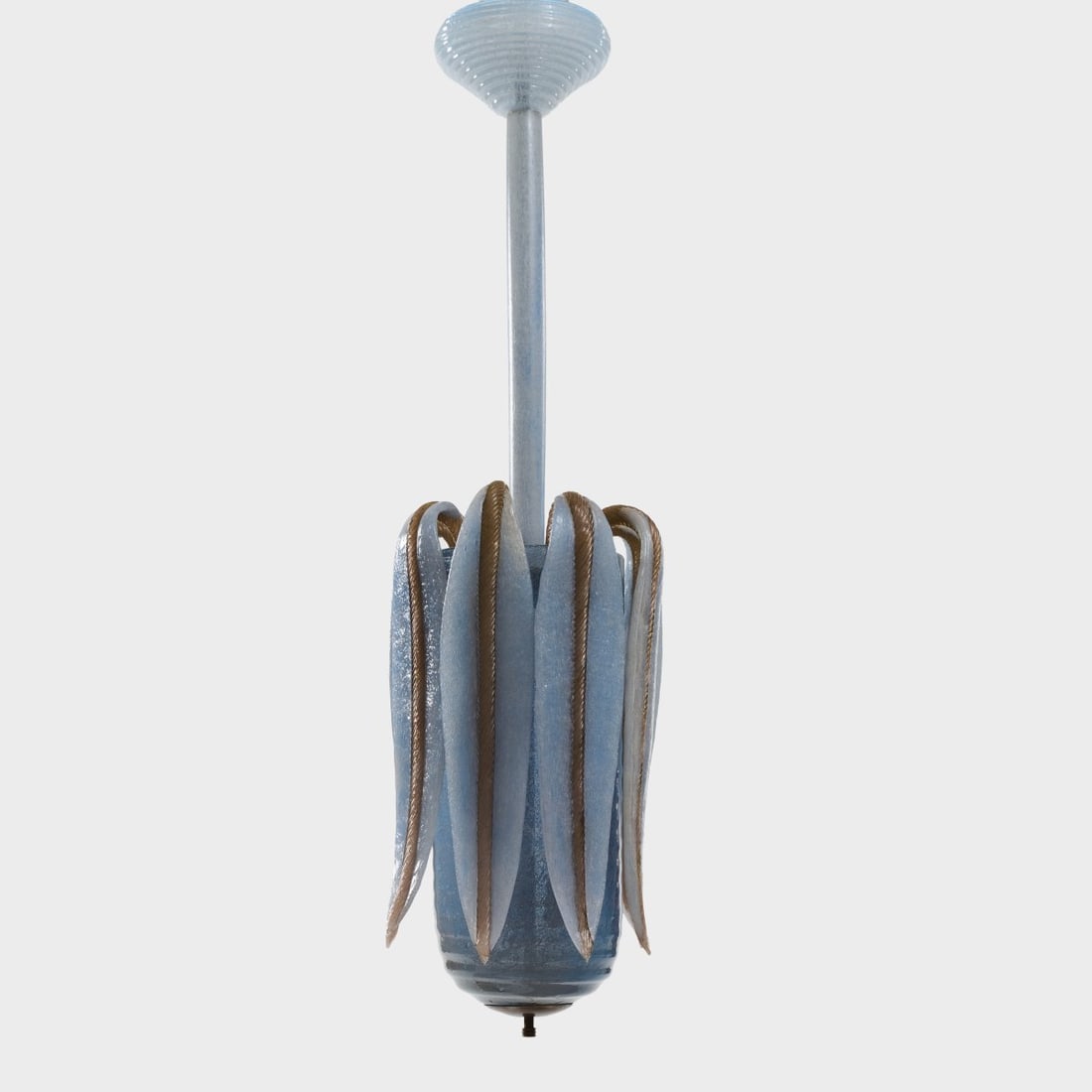 Murano, Ceiling light, circa 1930: <p>H. 100 cm, &Oslash; 32 cm. Blue 'Pulegoso' glass, amber 'Cordonato' glass, brass tube and sheet metal.</p>