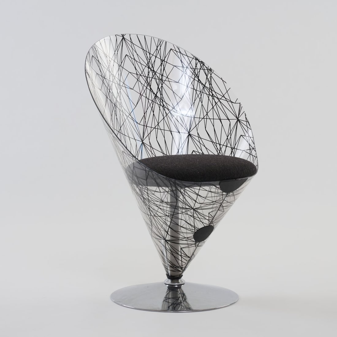 Verner Panton, 'Cone chair', 1958 (design): <p>H. 86 x 58.5 x 59 cm. <br />Polythema, Erding, c. 1994. <br />Chrome-plated sheet metal, Plexiglas printed with a black pattern, black plastic, black textile fabric. <br