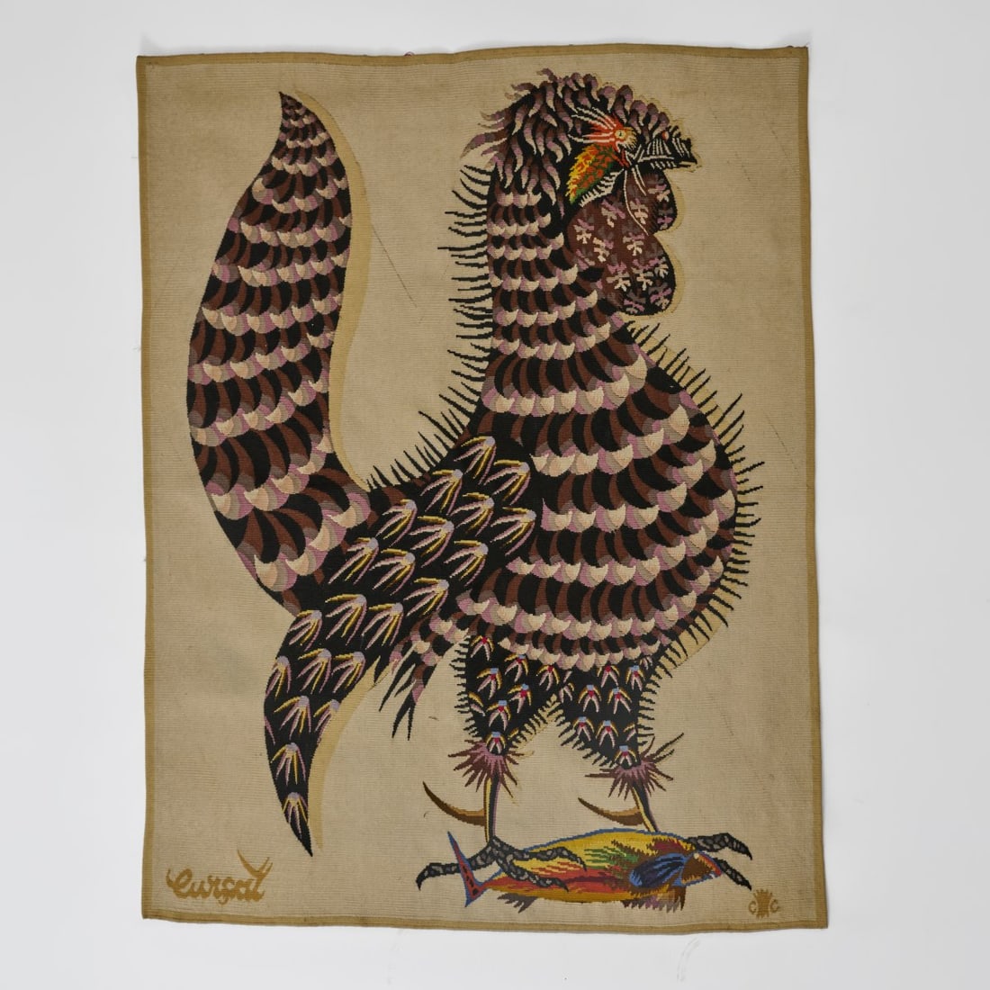 Jean Lurçat , Tapestry 'Le Coq Thon', c. 1955: <p>135.5 x 105.5 cm. <br />Mme. Goubely, Aubusson. <br />Wool, polychrome, handwoven. <br />Marked: Lur&ccedil;at, weaver's mark, washing label with all details and