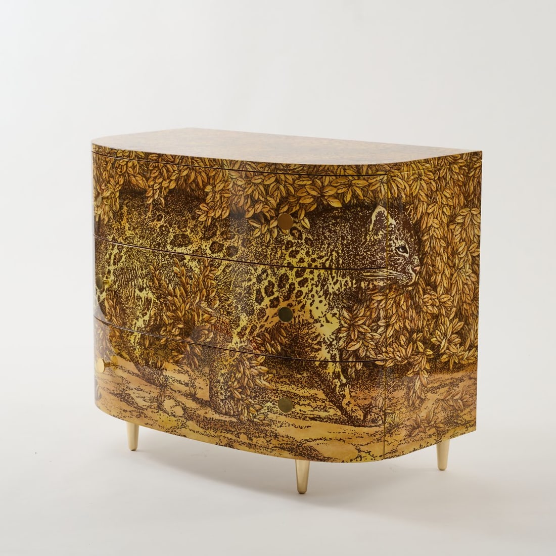 Piero Fornasetti, 'Leopardo' chest of drawers, 1950s (design): <p>H. 82.5 x 100 x 55 cm. <br />Fornasetti, Milan, 2019. <br />Wooden box construction, brown and yellow printed decoration, brass, colorless glass. Marked: Manufacturer's plaque, br