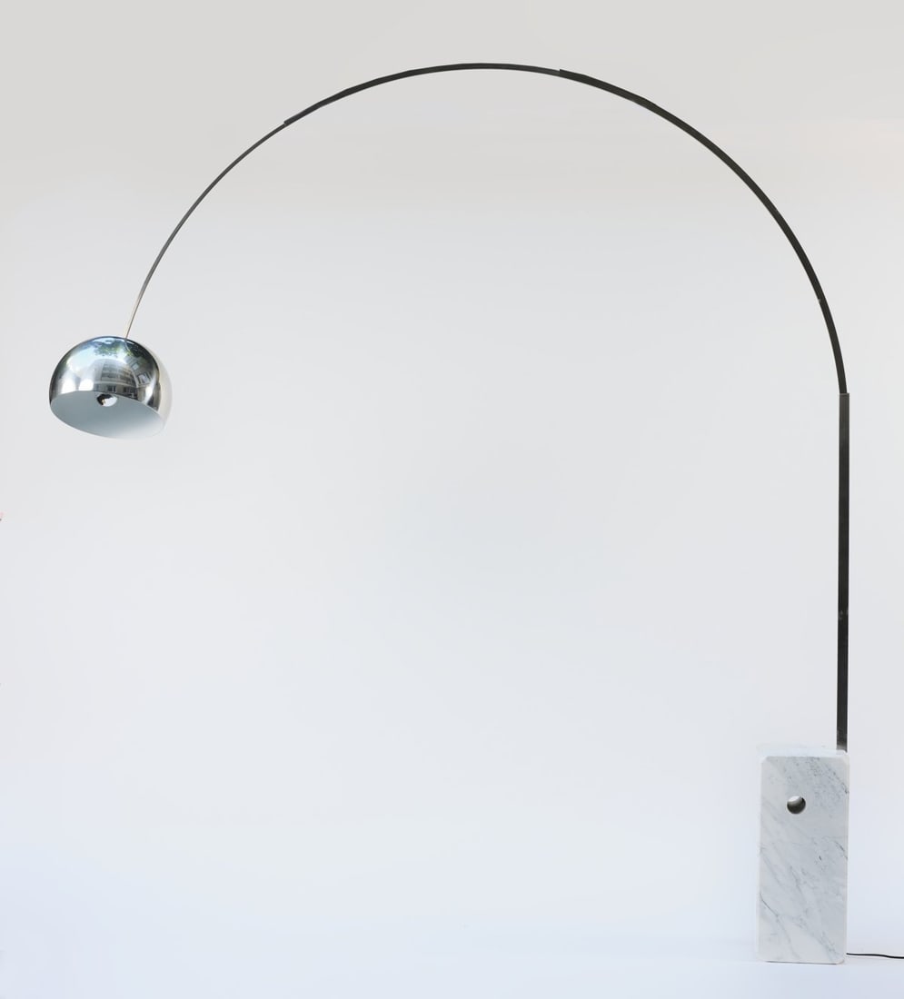 Achille Castiglioni; Pier Giacomo Castiglioni, 'Arco' floor lamp, 1962: <p>H. 226 cm. <br />Made by Flos, Brescia. <br />Sectional aluminum, chrome-plated aluminum sheet, white marble.</p><hr><p>Literature:</p><p>Polano,