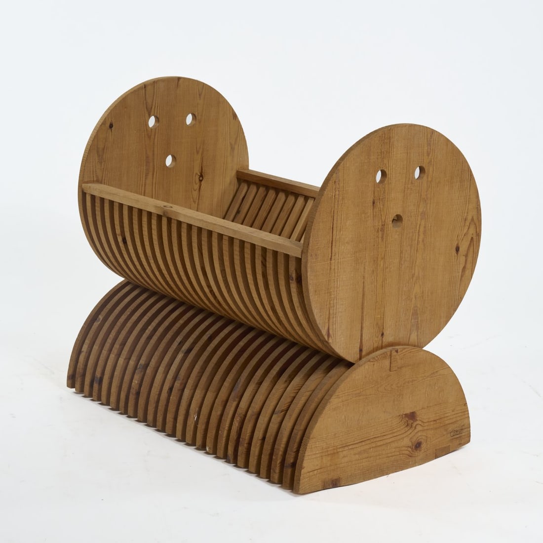 Mario Ceroli, Cradle 'Annabella', 1973 (design): <p>H. 90 x 61 x 98 cm. <br />Poltronova, Pistoia. <br />Spruce wood. <br />Marked: Artist and manufacturer's details