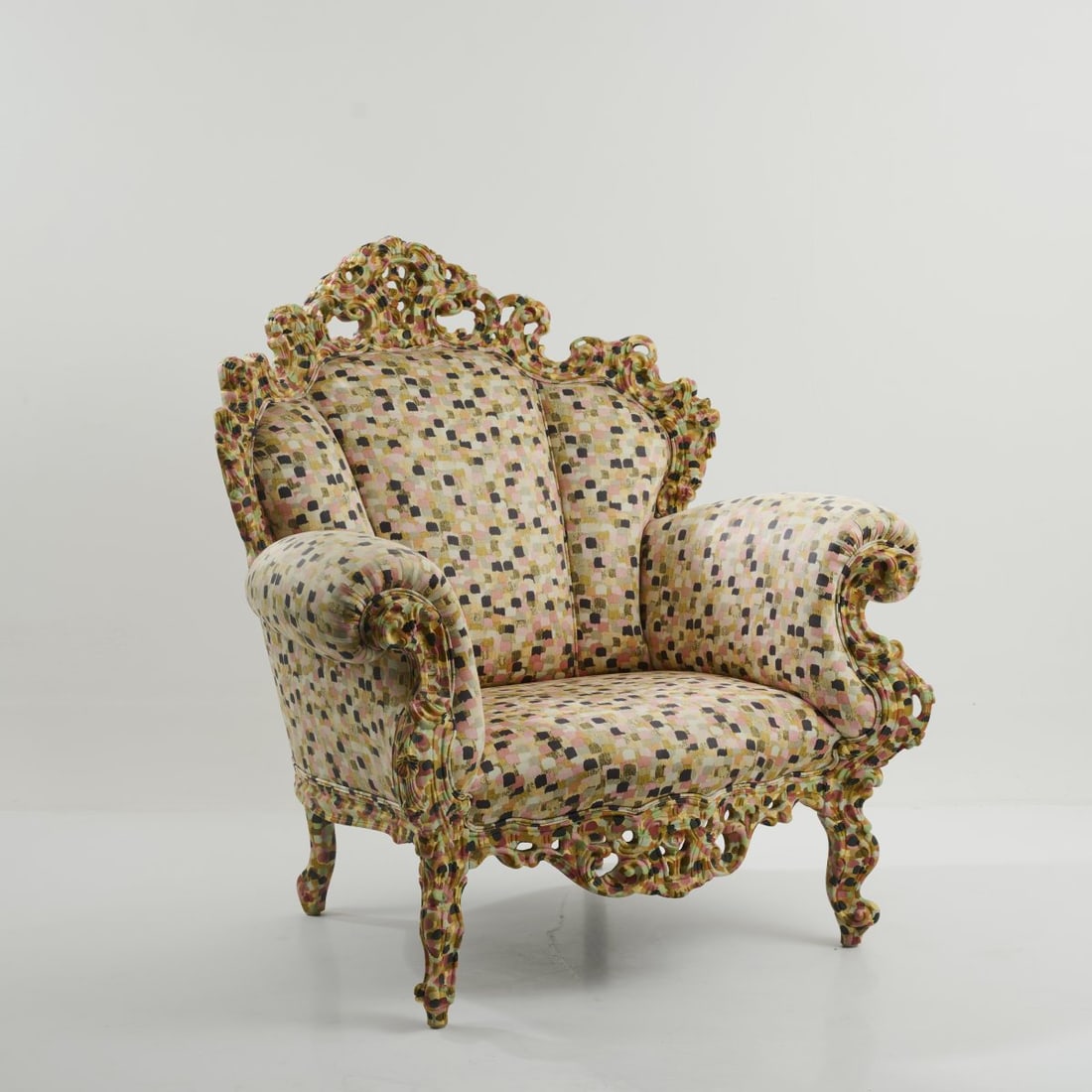 Alessandro Mendini, 'Poltrona di Proust' easy chair, 1978 (design): <p>H. 108 x 101 x 91.5 cm. <br />Cappellini, Milan, 2000s.<br />Wooden frame construction, carved and polychrome pointillist painted wood, polychrome printed textile covering.</p&