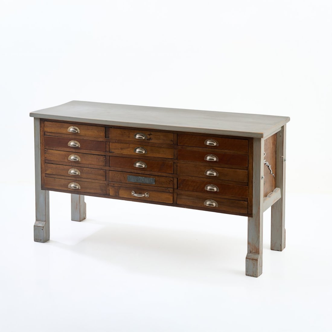 Florian Borkenhagen, Unique chest of drawers 'Laboratorio Como', 1994: <p>H. 62 x 113 x 42 cm. <br />Wooden box construction, beechwood, dark stained, grey lacquered, sheet metal, chrome-plated. <br />Marked: 'LABORATORIO COMO 94' (embossed).</p>