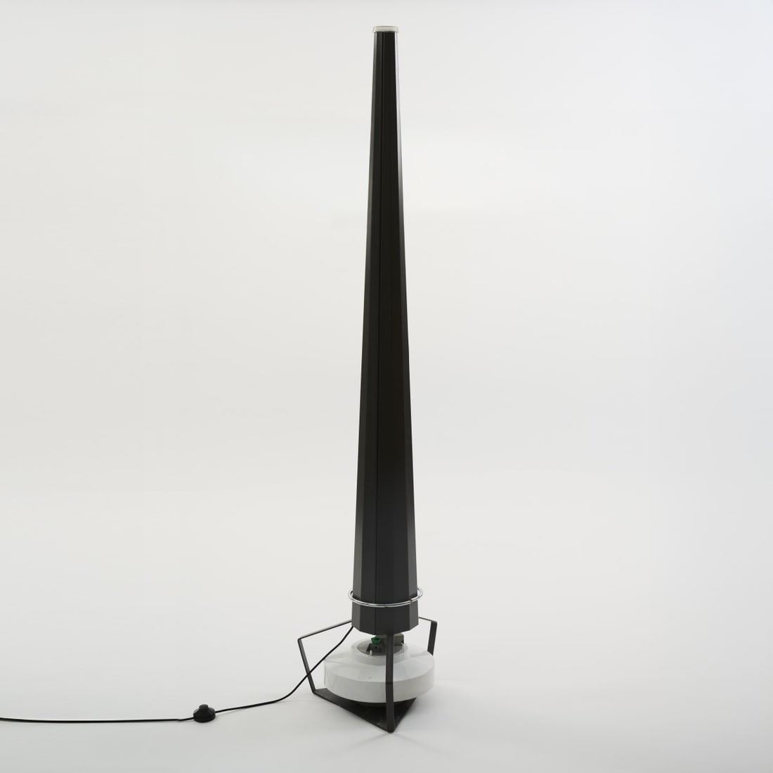 Denis Santachiara, Prototype humidifier 'Ciminiera' from the 'Domodinamica' series, 1987: <p>H. 185 cm, &Oslash; 42 cm. <br />Domodinamica, Osteria Grande. <br />Sheet metal, lacquered gray, chrome-plated metal wire, white, gray and clear plastic. Marked: