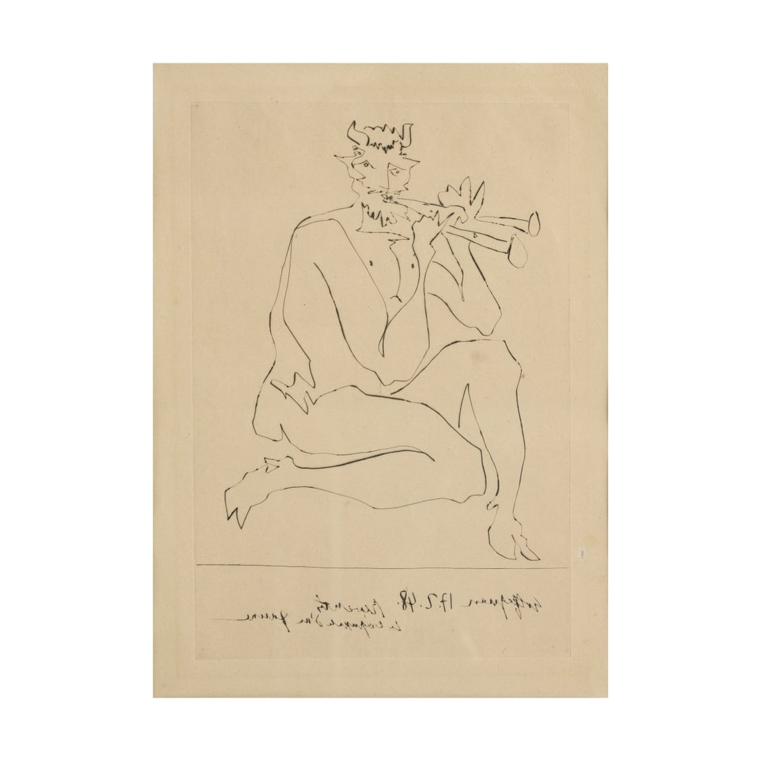 Pablo Picasso (1881 Malaga - 1973 Mougins), 'Faune flûtiste II' from 'Deux Contes', 1948: <p>Drypoint on paper. 37.2 x 25.4 cm (plate), 84.0 x 64.5 cm (frame). Inscribed and dated in reverse below the image in the plate: 17.2.(19)48, and numbered in handwriting at the bottom left: II