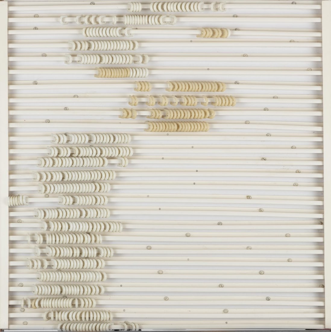 Rolf Glasmeier (1945 Pewsum - 2003 Gelsenkirchen), 'Kaufhaus Objekt riloga ringe', 1968: <p>Wood, plastic strips, curtain rings (multiple). 50.5 x 50.5 cm. Verso on an adhesive label of galerie plus, typographically inscribed, numbered: 9/10 and signed by hand: rolf glasmeier (ballp