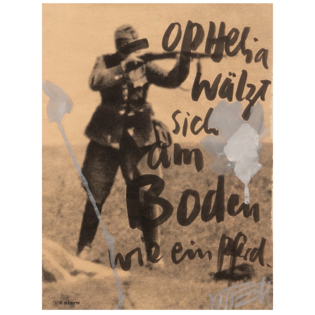 Wolf Vostell (1932 Leverkusen - 1998 Berlin), 'Ophelia wälzt sich am Boden wie ein Pferd' for: <p>Gouache on paper (cut-out from a newspaper article from Stern). 30.5 x 23.5 cm (sheet), 66.5 x 56.0 cm (frame). Signed lower right: Vostell (gouache). Framed under glass in a passe-partout. &