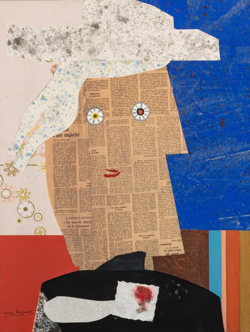 Max Papart (1911 Marseille - 1994 Paris), Collage 'Indépendance et Désinvolture' and: <p>1 Collage, mixed media on canvas. 65.0 x 50.0 cm (canvas), 70.5 x 55.5 cm (frame). Signed lower left: Max Papart (pencil), titled verso: Ind&eacute;pendance et D&eacute;sinvolture and