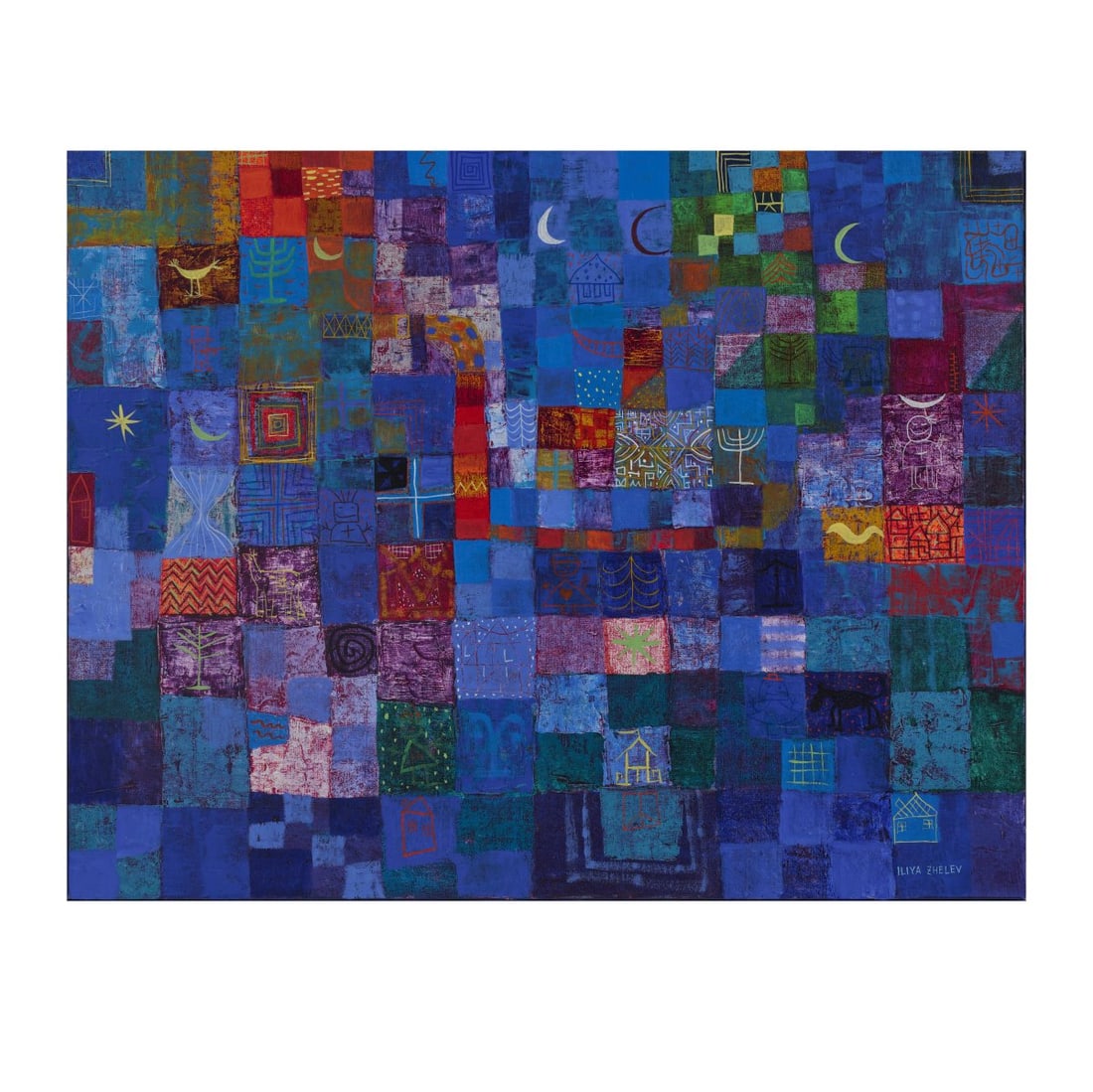 Iliya Zhelev (1961 Plovdiv), Abstract composition (blue), c. 2000: <p>Acrylic on canvas. 70.0 x 90.3 cm (canvas), 75.2 x 95.5 cm (frame). Signed lower right: ILIYA ZHELEV (acrylic). Framed. </p>