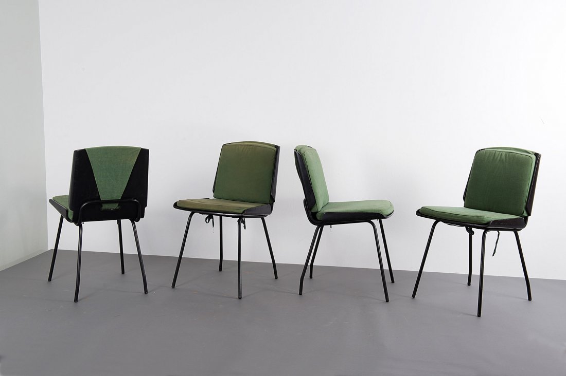 Giancarlo De Carlo. Four 'Lucania' chairs, 1954. H. 75.: Giancarlo De Carlo. Four 'Lucania' chairs, 1954. H. 75.5 x 43 x 47.5 cm. Made by Arflex, Milan. Plywood, painted black, tubular steel, painted black, green fabric.