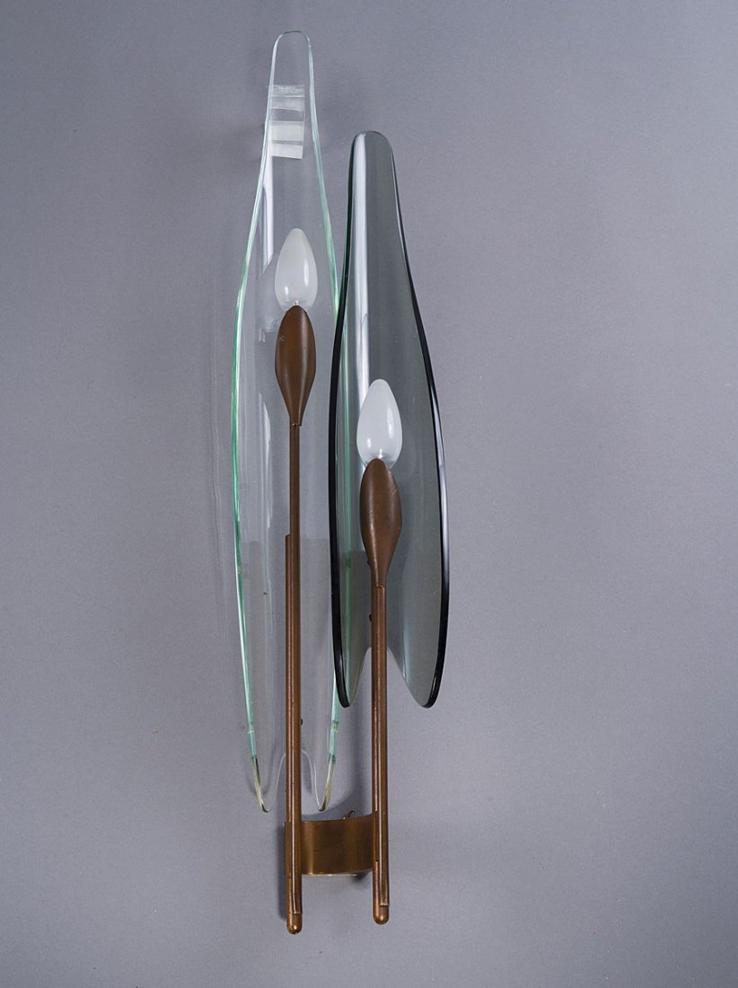Max Ingrand (attributed). 'Dalia' sconce, c1955. H. 75 : Max Ingrand (attributed). 'Dalia' sconce, c1955. H. 75 x 16 x 11,5 cm. Made by Fontana Arte, Milan. Brass, clear and smoke green glass.