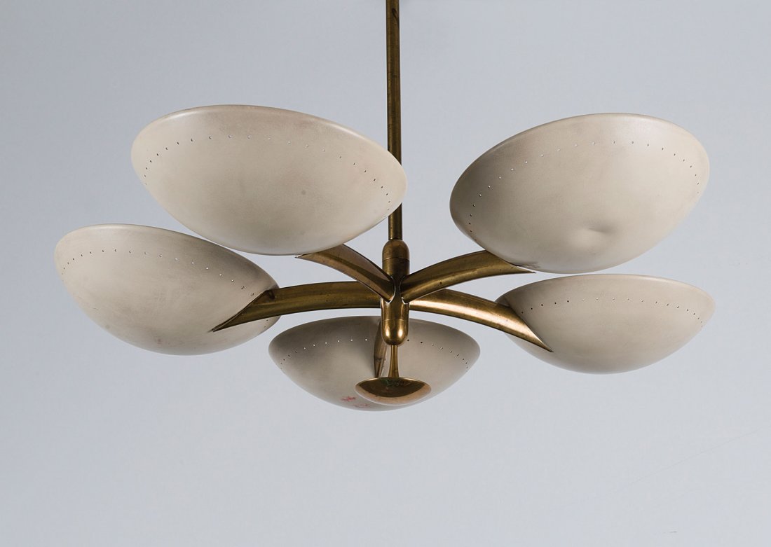 Angelo Lelli (attributed). Ceiling light, c1958. H. 75 : Angelo Lelli (attributed). Ceiling light, c1958. H. 75 cm; D. 62.5 cm. Made by Arredoluce, Monza. Brass tube, aluminium sheet, painted creme yellow.