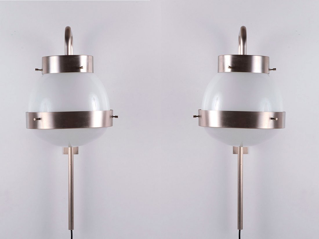 Sergio Mazza. Pair of 'Delta' sconces, c1960. H. 65 cm;: Sergio Mazza. Pair of 'Delta' sconces, c1960. H. 65 cm; D. 25.5 cm. Made by Artemide, Milan. Nickel-plated brass, opal glass and moulded glass.