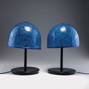 Luciano Vistosi. Pair of 'Neverrino' table lights, c197: Luciano Vistosi. Pair of 'Neverrino' table lights, c1970. H. 40 cm; D. 26.7 cm. Made by Vistosi, Murano. Sheet metal, painted black, cased glass, clear, included murrhines, blue, white and green, appl