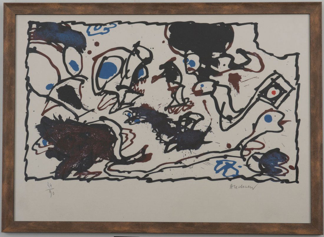 Pierre Alechinsky. 'Composition (Vivier)', past 1972. 2: Pierre Alechinsky. 'Composition (Vivier)', past 1972. 29.6 x 49.1 cm (depiciton), 38.7 x 53.5 cm (paper). Colour lithograph on vellum. Signed: Alechinsky, numbered. No. 24 from an edition of 90. Frame