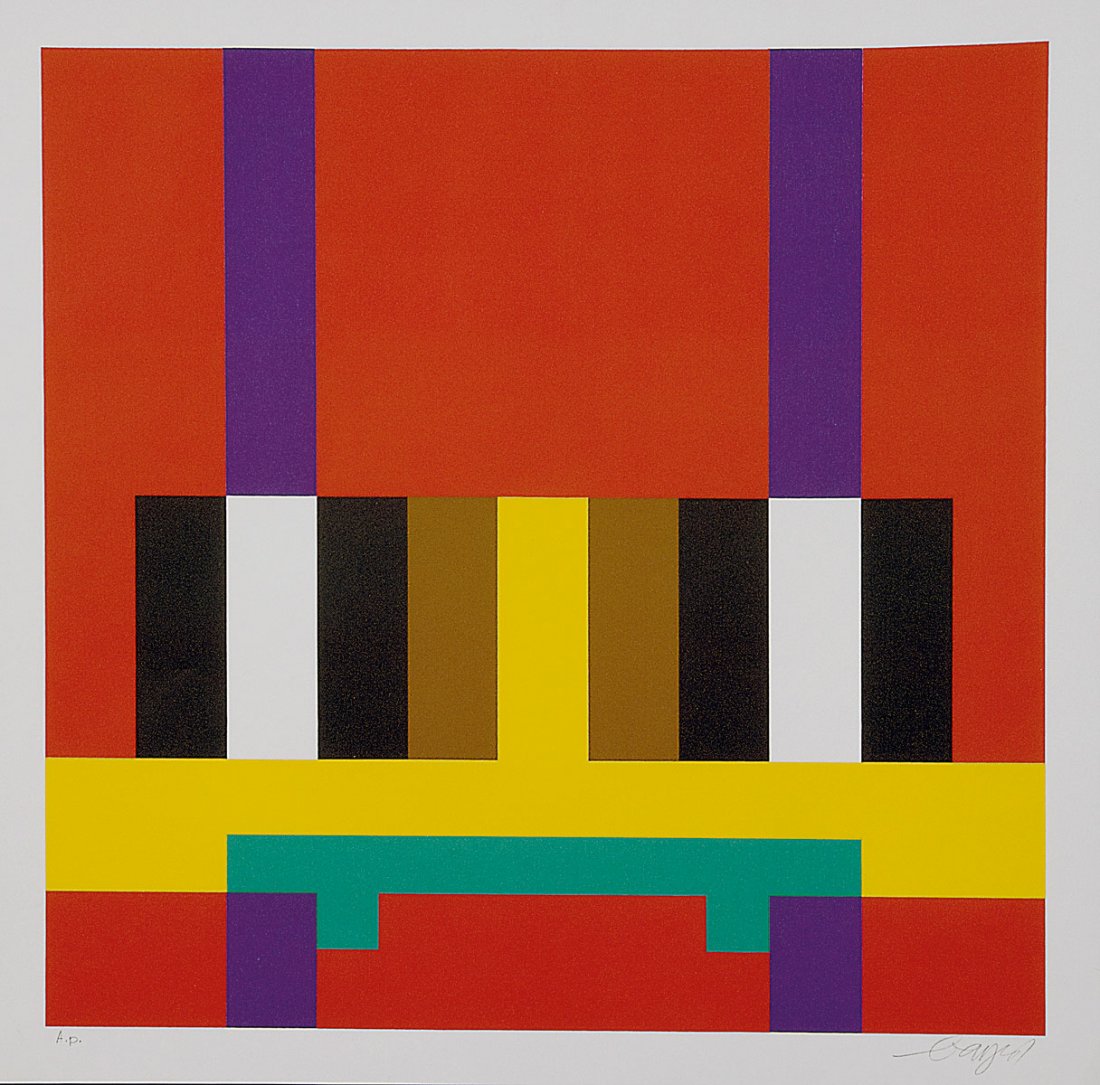 Herbert Bayer. 'Structure on red', 1968. 45.0 x 45.0 cm: Herbert Bayer. 'Structure on red', 1968. 45.0 x 45.0 cm (depiction), 50.0 x 50.0 cm (paper). Colour serigraph on laid paper. Signed: Bayer, inscribed: A. p. (Epreuve d'artiste) (pencil). Made for the