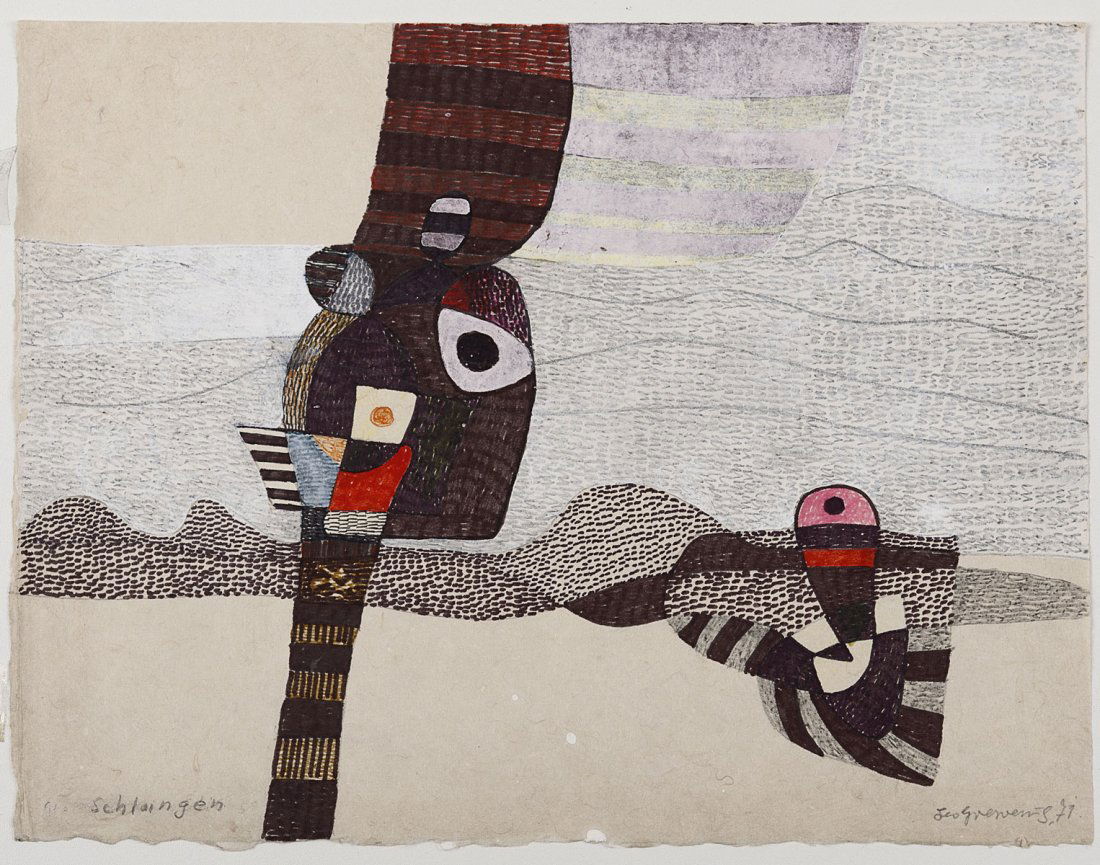 Leo Grewenig. 'Grosse Schlangen', probably 1979. 25.5 x: Leo Grewenig. 'Grosse Schlangen', probably 1979. 25.5 x 33.5 cm. Colour felt pen on pencil and white heightening on creme white Japan tissue paper. Signed: Leo Grewenig, (19)79, titled: Gr. Schlangen.