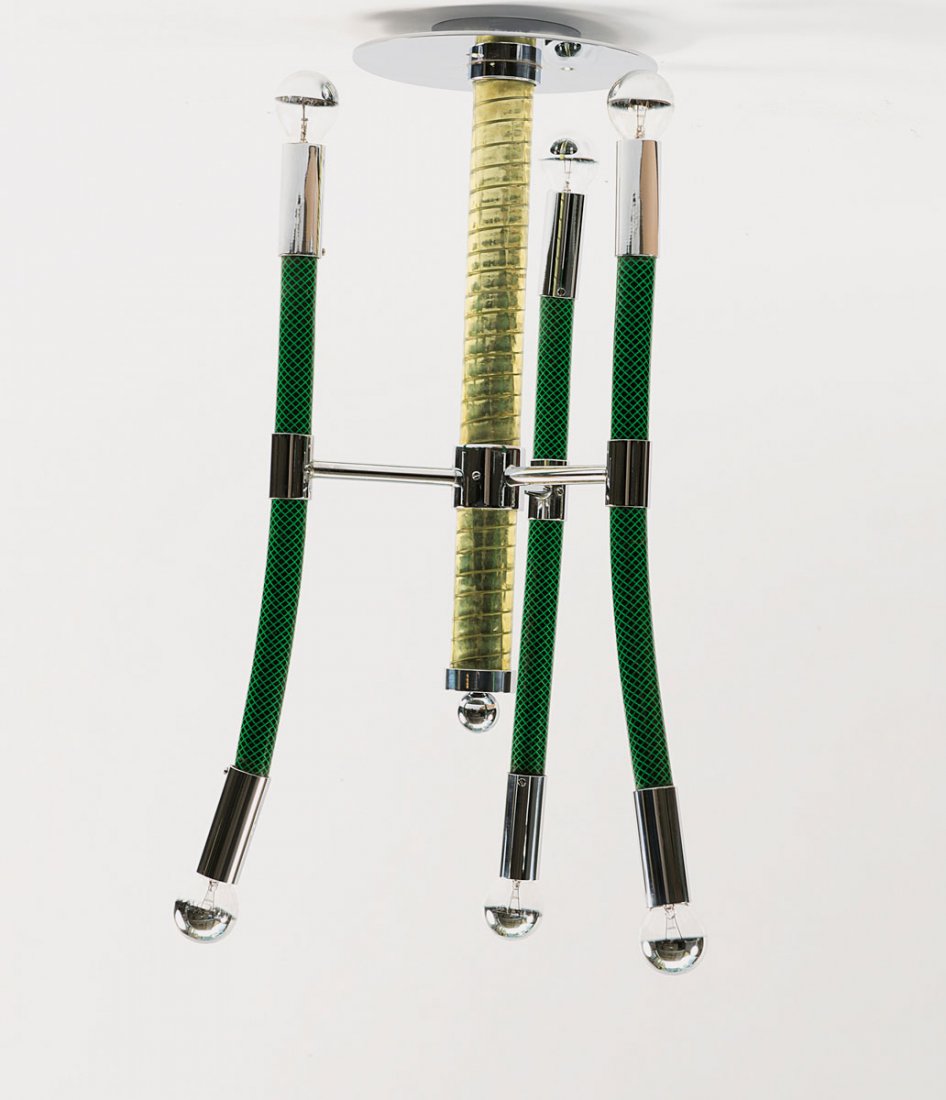 Hans-Walter Stemmann. Unicum 'water hose' ceiling light: Hans-Walter Stemmann. Unicum 'water hose' ceiling light, 1983. H. 62.5 x 34 x 33 cm. Made by Schmid & Stemmann, Munich. Polished, chrome-plated brass, water hoses.