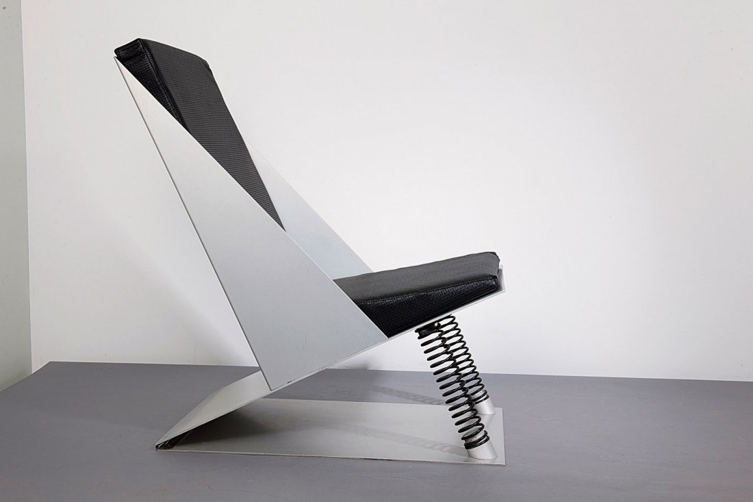 Hermann Waldenburg. 'Schleudersitz', c1984/85. H. 91.5 : Hermann Waldenburg. 'Schleudersitz', c1984/85. H. 91.5 x 60 x 86 cm. Made by Hermann Waldenburg, Augsburg,1984/85. Sheet aluminium, part anodised, metal springs, black leatherette (The leatherette cov