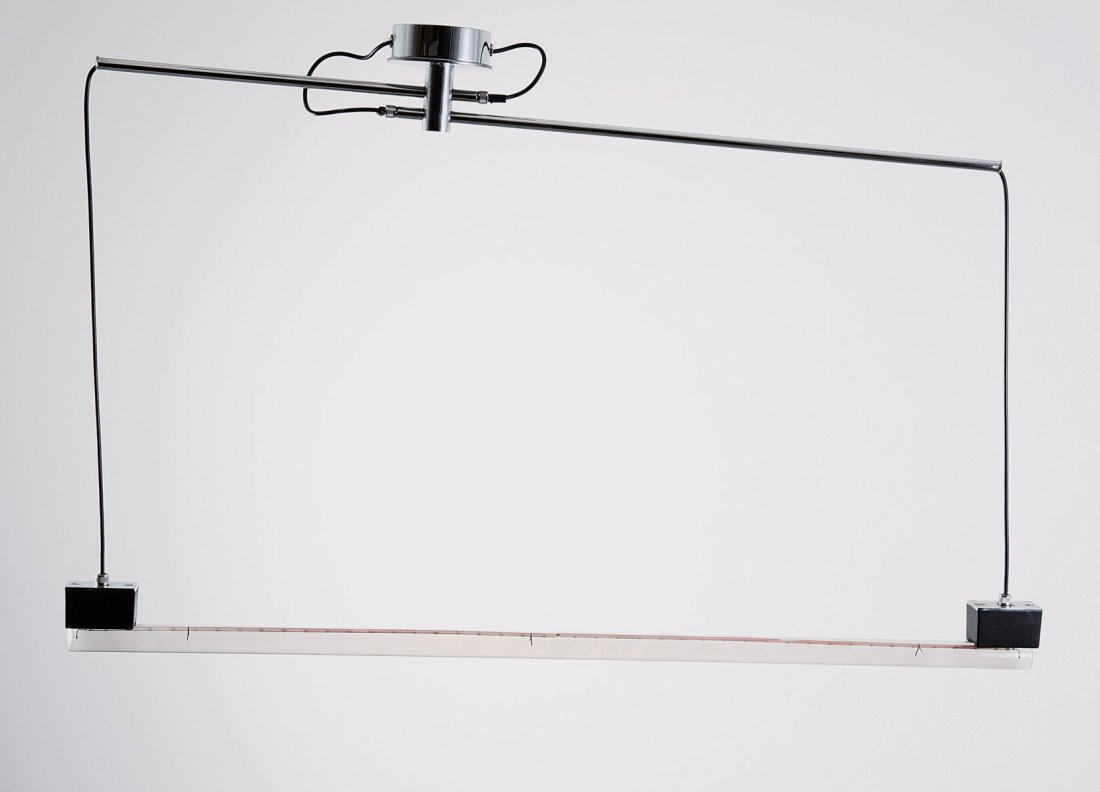 Hans-Walter Stemmann. Ceiling light, c1988. L. 90 cm. S: Hans-Walter Stemmann. Ceiling light, c1988. L. 90 cm. Sheet brass, tubular brass, chrome-plated, black plastic, linocolor tube.