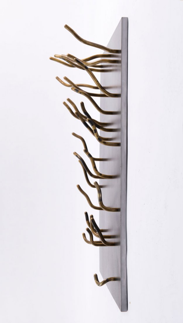 Hans-Walter Stemmann. Unicum 'Wurfgarderobe' coat rack : Hans-Walter Stemmann. Unicum 'Wurfgarderobe' coat rack for wall fastening, 1991. H. 107.5 x 67 x 28 cm. Made by Schmid & Stemmann, Munich. Black steel, brass.