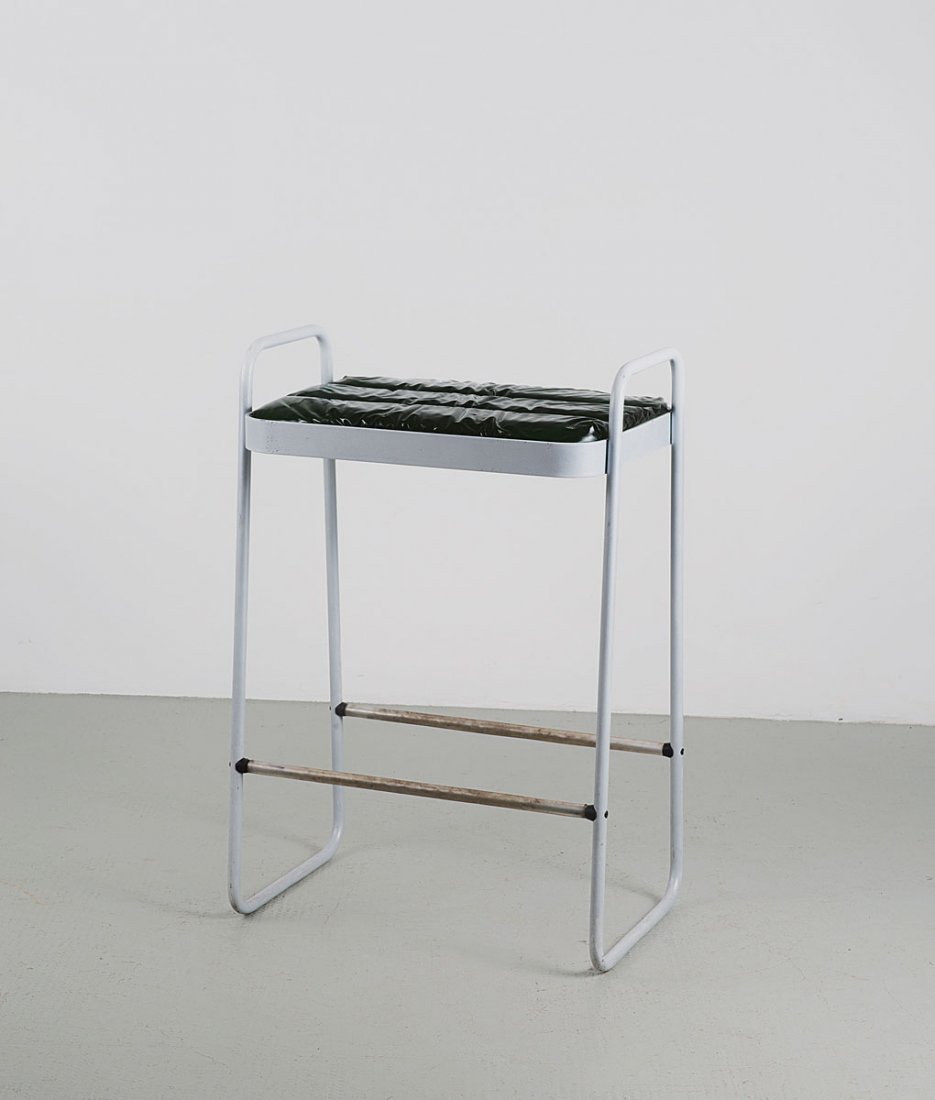 Werner Aisslinger (in the style of). Stool, c1999. H. 7: Werner Aisslinger (in the style of). Stool, c1999. H. 72.5 x 49 x 32 cm. Tubular steel, painted light grey, black and clear rubber. Green gel cushion.