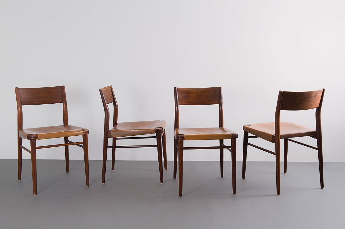 Georg Leowald. Four chairs, 1954. H. 76,5 x 47 x 54,5 c: Georg Leowald. Four chairs, 1954. H. 76,5 x 47 x 54,5 cm. Made by Wilkhahn, Eimbeckhausen. Teak, leather.