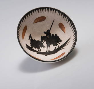 Pablo Picasso. 'Le picador' bowl, c1953. H. 6.4 cm; D. : Pablo Picasso. 'Le picador' bowl, c1953. H. 6.4 cm; D. 12 cm. Made by Madoura, Vallauris. Majolica, glazed white, black and light brown d_cor. Marked: EDITION MADOURA PICASSO.