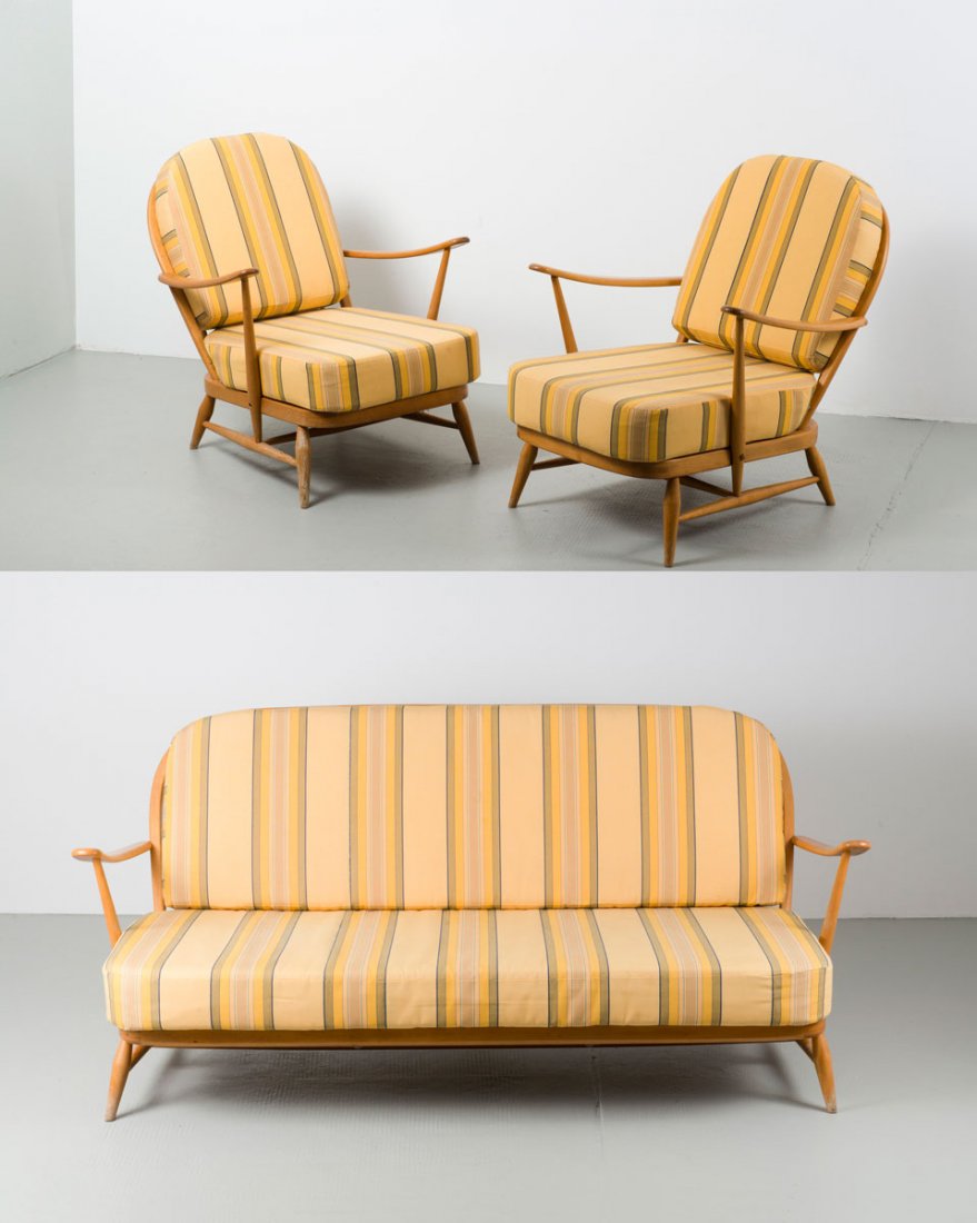 Lucian Ercolani. Couch and two easy chairs, c1955. Couc: Lucian Ercolani. Couch and two easy chairs, c1955. Couch: H. 80 x 175 x 95 cm; easy chairs: H. 80 x 71 x 91 cm. Made by Ercol Furniture Industries, High Wycomb. Beech, straps, yellow/green fabric cush