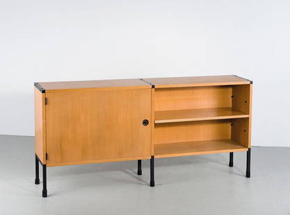 Pierre Guariche. 'ARP' sideboard, c1955. H. 70 x 146,5 : Pierre Guariche. 'ARP' sideboard, c1955. H. 70 x 146,5 x 28 cm. Made by Atelier de Recherche Plastique (ARP), Paris; Minvielle, Paris. Wooden construction, elm veneer, rectangular steel, painted