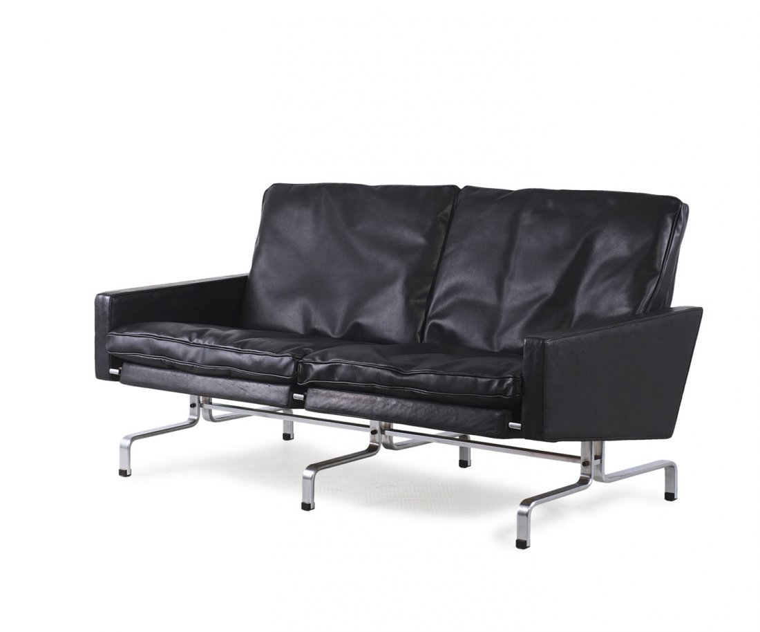 Poul Kjaerholm. 'PK 31/2' sofa, 1958. H. 71.5 x 136 x 7: Poul Kjaerholm. 'PK 31/2' sofa, 1958. H. 71.5 x 136 x 70 cm. Made by Kold Christensen, Copenhagen. Steel, chrome-plated, matted, black leather. Marked: Maker's mark.