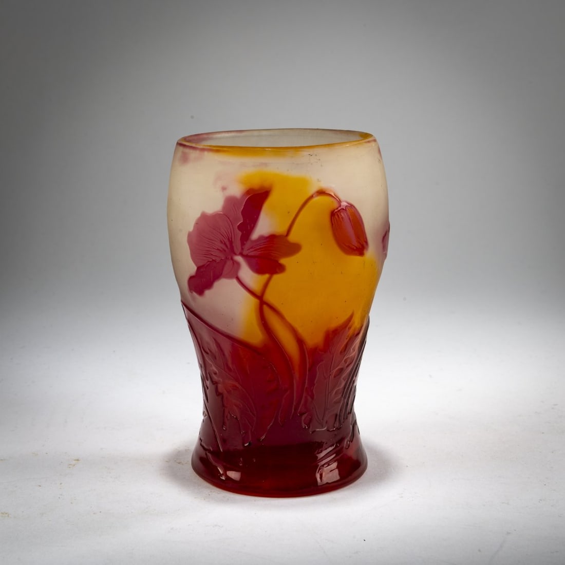 Etablissements Gallé, Nancy, Vase 'Anemones', 1905-08: <p>H. 12.5 cm. Cased glass, colorless, orange and light wine red. Etched decoration with blooming anemones. Signed: Gall&eacute; (raised). </p>