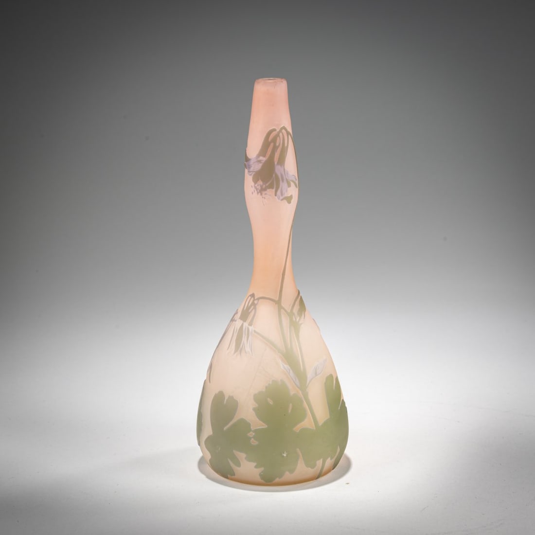 Etablissements Gallé, Nancy, Vase 'Ancolies', 1905-08: <p>H. 20 cm. Overlaid glass, colorless, opal white, slightly pink and violet. Etched decoration with columbine. Signed: Gall&eacute; with star (raised).</p>