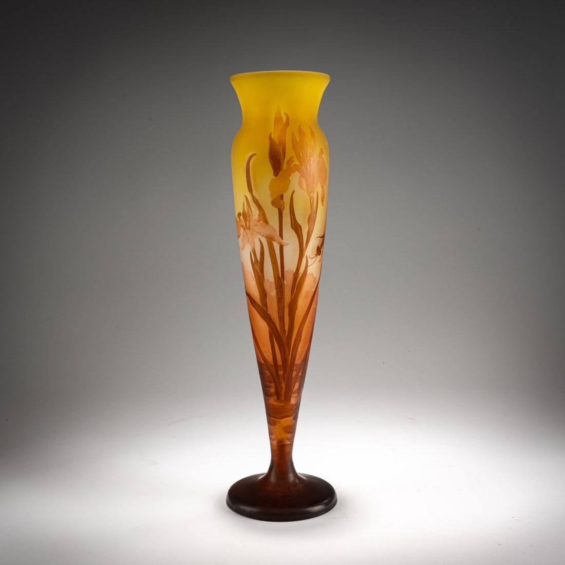 Etablissements Gallé, Nancy, Goblet vase 'Nénuphars et libellule', 1908-20: <p>H. 42 cm. Overlaid glass, colorless, opal white, yellow and amber brown. Signed: Gall&eacute; (raised). </p>