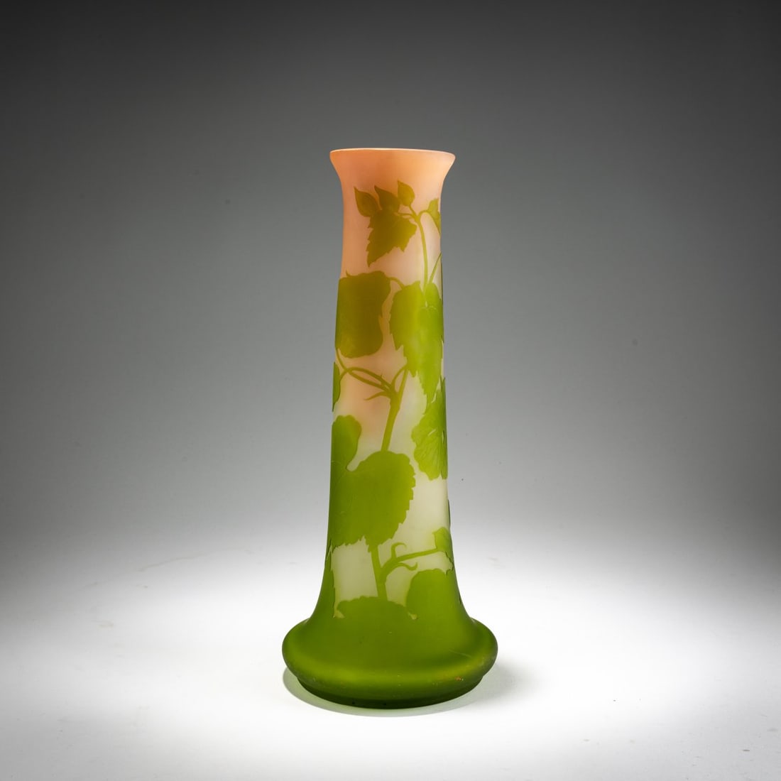 Etablissements Gallé, Nancy, 'Mauves' Vase, 1908-20: <p>H. 36 cm. Overlaid glass, colorless, matte, pink and green. Etched decoration with mallow leaves. Signed: Gall&eacute; (raised). </p>